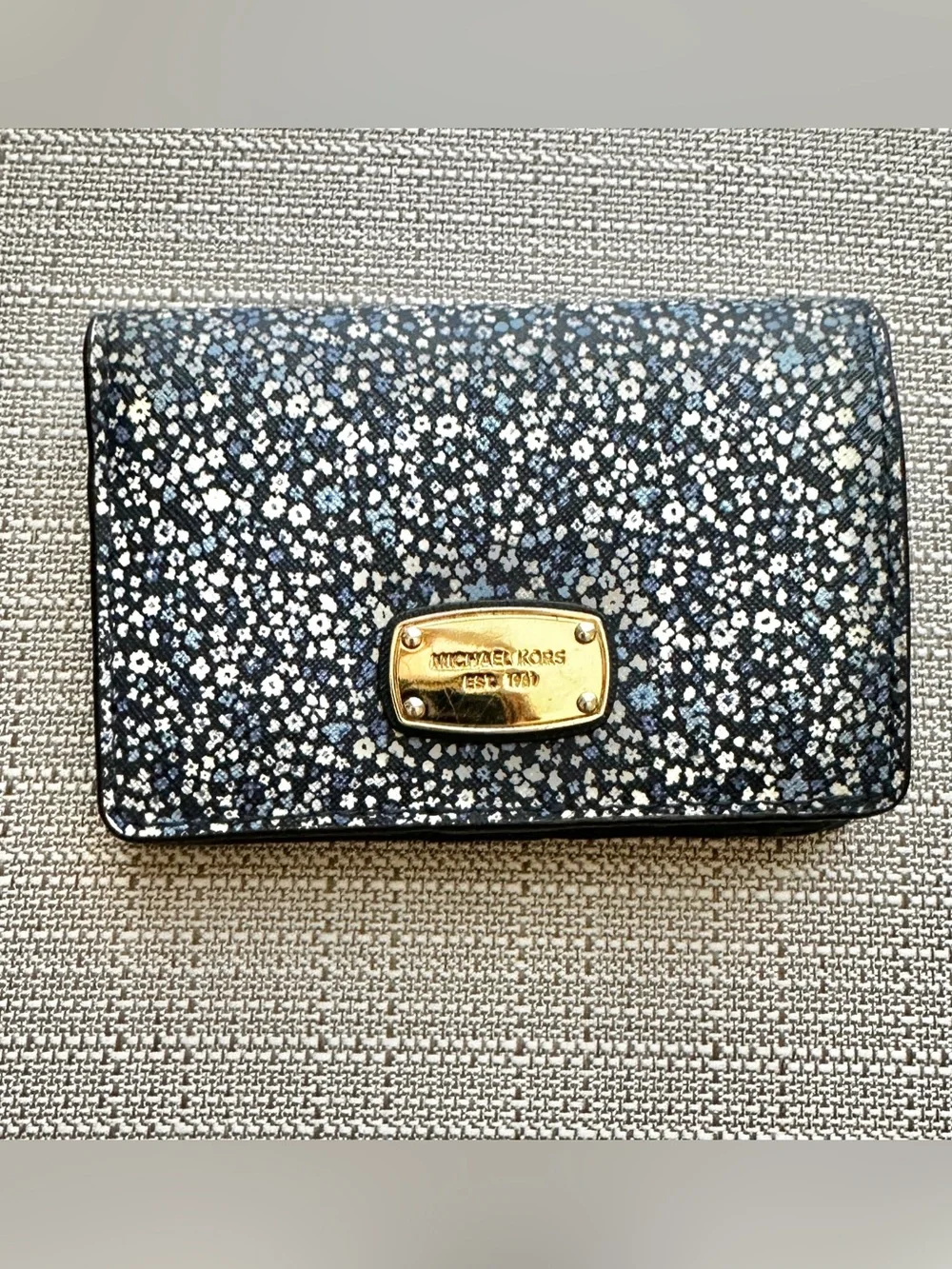 Michael Kors Navy Floral Compact Wallet with Gold Plaque